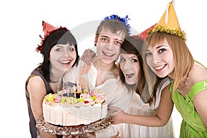 Group people with cake celebrate happy birthday