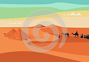 Group of People with Camels Caravan Riding in Realistic Wide Desert Sands in Egypt. Editable Vector Illustration