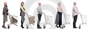 group of people with cart looking at camera isolated