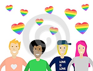 A group of people Celebrating gay people rights. Rainbow hearts. Same-sex love. LGBT. LGBTQ. Vector Illustration