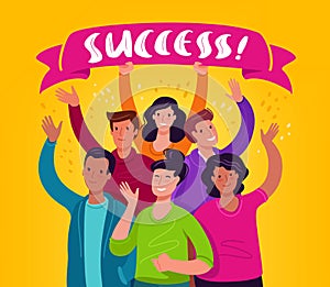 Group of people celebrating success waving their hands. Teamwork, business team concept. Illustration vector flat design