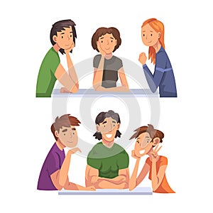 Group of People Character Sitting at Desk Recording Podcast Vector Set