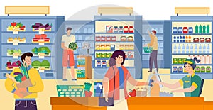 Group of people character together buy food product in grocery store, local supermarket with foodstuff flat vector