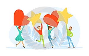Group of People Characters Holding Star and Heart and Jumping with Joy Vector Illustration