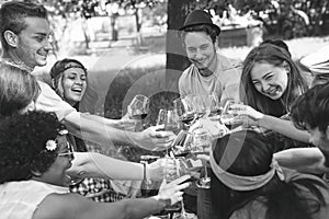 Group of people cheering with red glasses of wine - Happy young friends enjoying picnic bbq in a park with food and drink