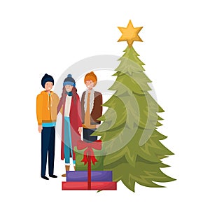 Group of people with christmas tree and gifts
