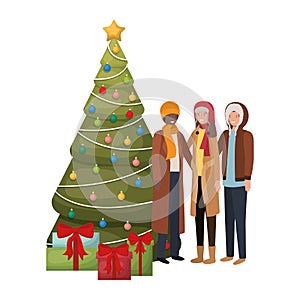 Group of people with christmas tree and gifts