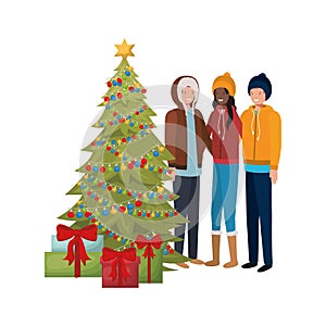 Group of people with christmas tree and gifts