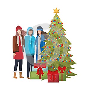 Group of people with christmas tree and gifts