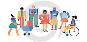 Group of people, community, family or neighborhood standing together. Characters in geometric fun modern style. Colorful