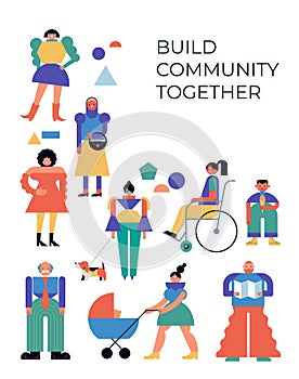 Group of people, community, family or neighborhood standing together. Poster, flyer, banner design. Characters in