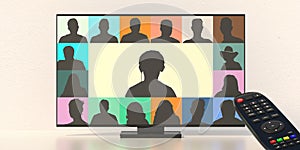 Group of people on a computer monitor isolated on white background. Video conference concept. 3d illustration