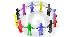 Circle of colorful human figures holding hands isolated on white background. 3d illustration