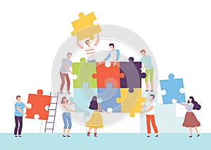 Group of People Connecting Puzzle Elements, Business Team Assembling Puzzle, Solving Difficult Problem, Teamwork