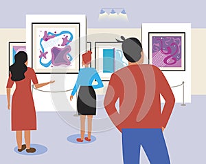 Group of people at a contemporary art exhibition, flat vector stock illustration as a concept of abstract paintings in an art