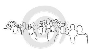 Group of people continuous one line vector drawing. Crowd standing at concert, meeting.