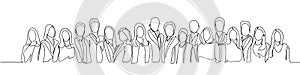 Group of people continuous one line vector drawing. Family, friends hand drawn characters. Crowd standing at concert, meeting.