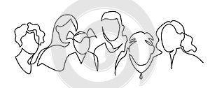 Group of people continuous one line vector drawing. People of different ages together. Family portrait