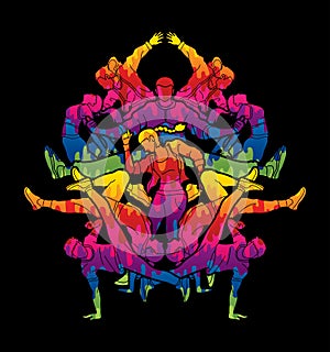 Group of people dancing, Dancer action, Street dance team, Hip hop or B boy dance graphic vector.