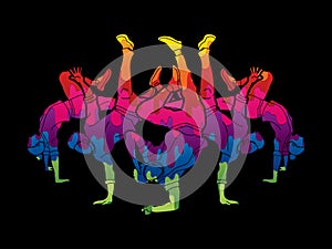 Group of people dancing, Dancer action, Street dance team, Hip hop or B boy dance graphic vector.