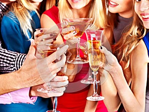 Group people dancing at party.