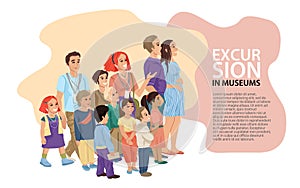 Group of people of different ages, adults and children, an illustration for a tourist museum or art gallery. Sightseeing