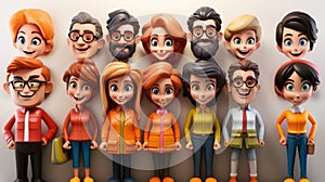 Group of people with different facial expressions. Cartoon render illustration