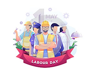 A Group Of People Of Different Professions. Businessman, Chef, Policewoman, construction workers. Labour Day On 1 May. vector photo