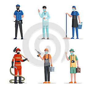 Group of people of different professions. Police officer, doctor, scientist, janitor, fireman, repairman, and traveler.