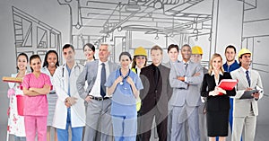 Group of people with different professions standing in front of factory drawing