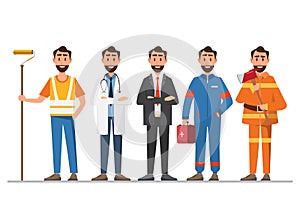 A group of people of different professions on a white background