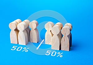 The group of people is divided equally by line. Visualization of statistical data. 50% of 100%. Dividing people into two groups