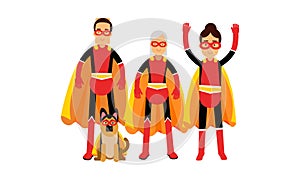 Group Of People With Dog All In Superheroe Costumes Vector Illustrations photo