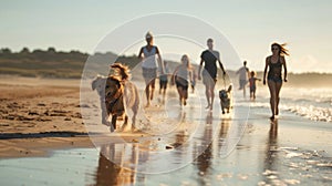 Group of People and dogs Walking Along Beach Next to Ocean