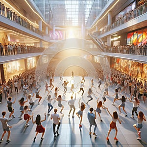 A group of people doing a flash mob dance in a shopping mall,p