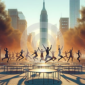 A group of people doing synchronized trampoline routines in a photo