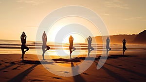 A group of people doing yoga on the beach at sunrise created with Generative AI