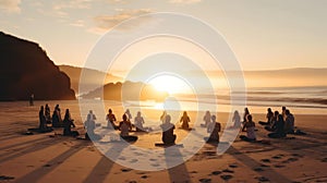 A group of people doing yoga on the beach at sunrise created with Generative AI