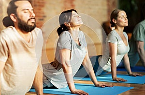 group of people doing yoga dog pose at studio