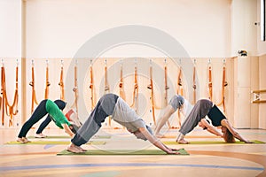 Group of people doing yoga downward facing dog pose on mats at studio