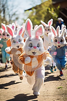 A group of people dressed as rabbits running down a road, AI