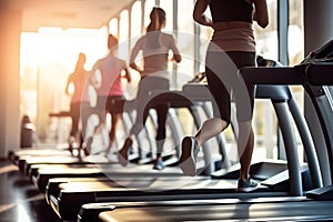 A group of people energetically running on treadmills in a modern gym., People running on treadmills at the gym, top section