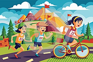 A group of people engaged in running and jogging on a road, Cross country race Customizable Cartoon Illustration