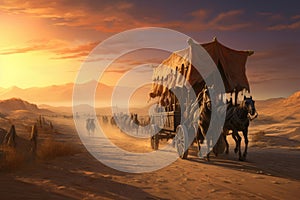 A group of people enjoying a ride on a horse drawn carriage, Medieval trading caravan crossing the desert, AI Generated