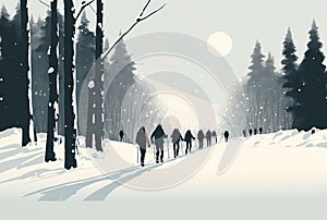 Group of people enjoying snowshoeing in winter forest