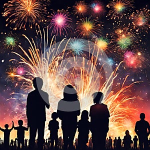 Group of people enjoying spectacular fireworks show on a carnival, new year or holiday.