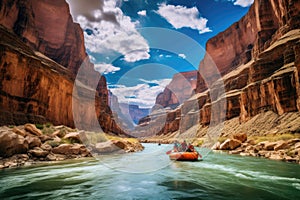 A group of people enjoying a thrilling and exhilarating experience as they ride in a raft down a fast-flowing river, River rafting