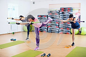 Group of people excercising with fitbars at fitness club