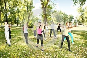 Group of people exercising yoga in park