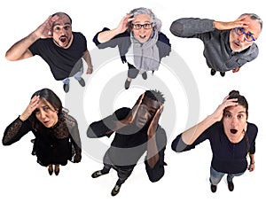 Group of people with expression of forgetfulness or surprise on white background